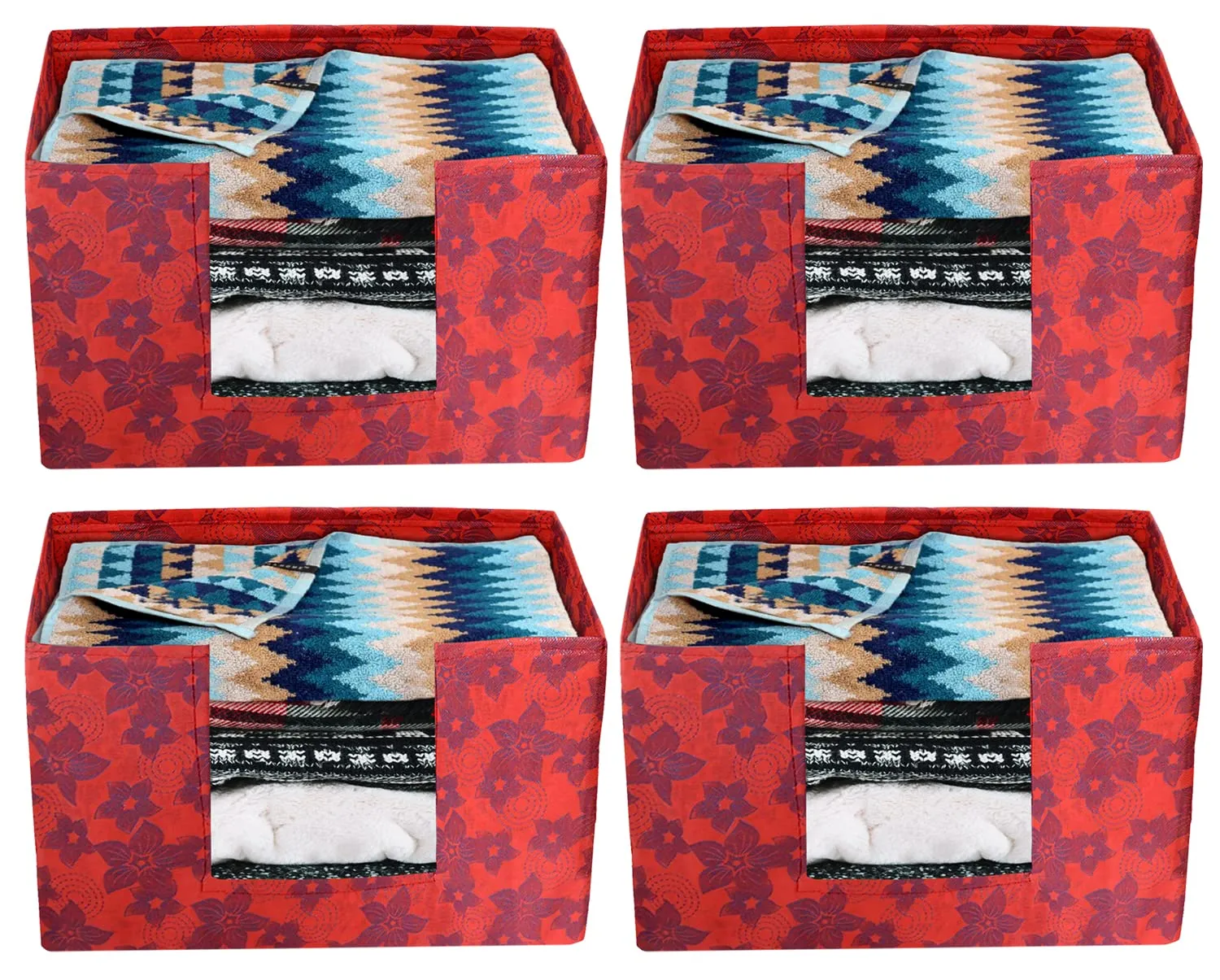 Heart Home Metallic Flower Printed Non-Woven Foldable Saree Stacker, Wardrobe Organizer, Storage Bin With Handle- Pack of 4 (Red)-HS43HEARTH26410