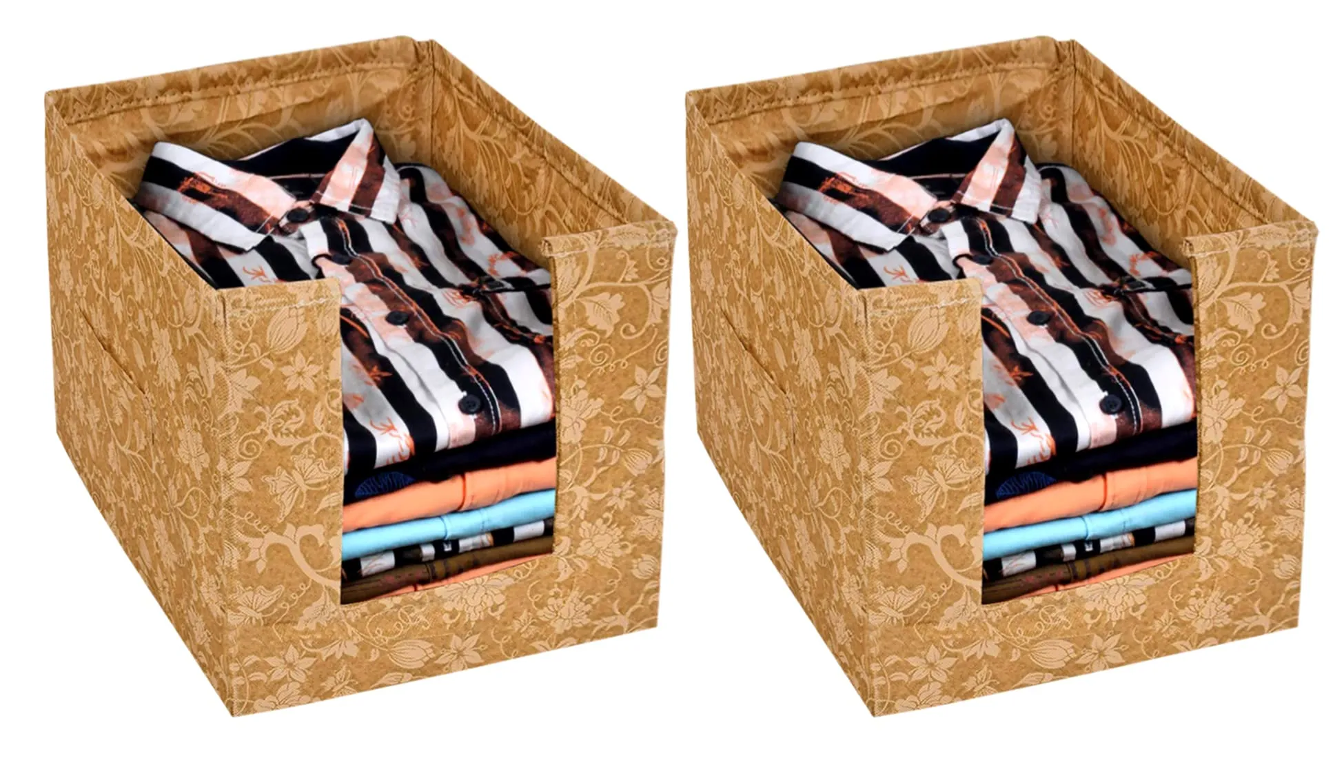 Heart Home Metallic Flower Printed Non-Woven Foldable Shirt Stacker Closet Organizer With Handles- Pack of 2 (Brown)-HS43HEARTH26438