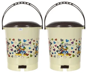 Heart Home Multiuses Mickey & Friends Print Plastic Dustbin For Home, Kitchen, Office, Bathroom With Swing Lid 10 Litre Pack of 2 (Cream) 52HH3973