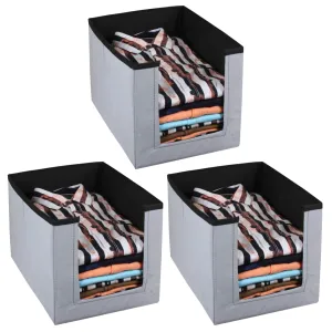 Heart Home Non-Woven Foldable Shirt Stacker Closet Organizer With Handles- Pack of 3 (Black & Grey)-HS43HEARTH26540