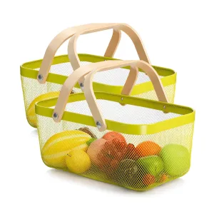 Homestic Rectangular Metal Mesh Basket for Storage with wooden handle | 720 Gm | Fruit Basket and Vegetable Basket for Kitchen | Kitchen Organizer |Multipurpose |Green |Pack of 2