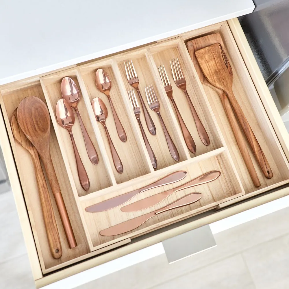 iDesign EcoWood Natural Paulownia Wood Expandable Flatware and Cutlery Tray