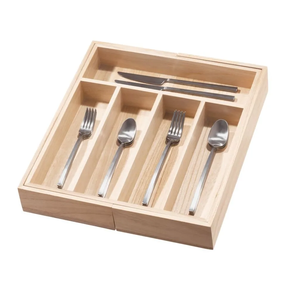 iDesign EcoWood Natural Paulownia Wood Expandable Flatware and Cutlery Tray