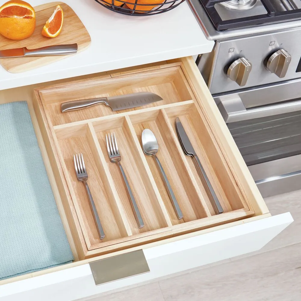 iDesign EcoWood Natural Paulownia Wood Expandable Flatware and Cutlery Tray