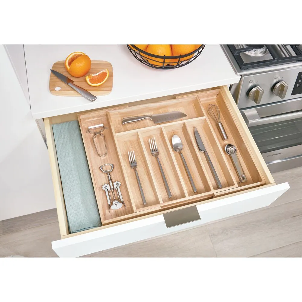 iDesign EcoWood Natural Paulownia Wood Expandable Flatware and Cutlery Tray