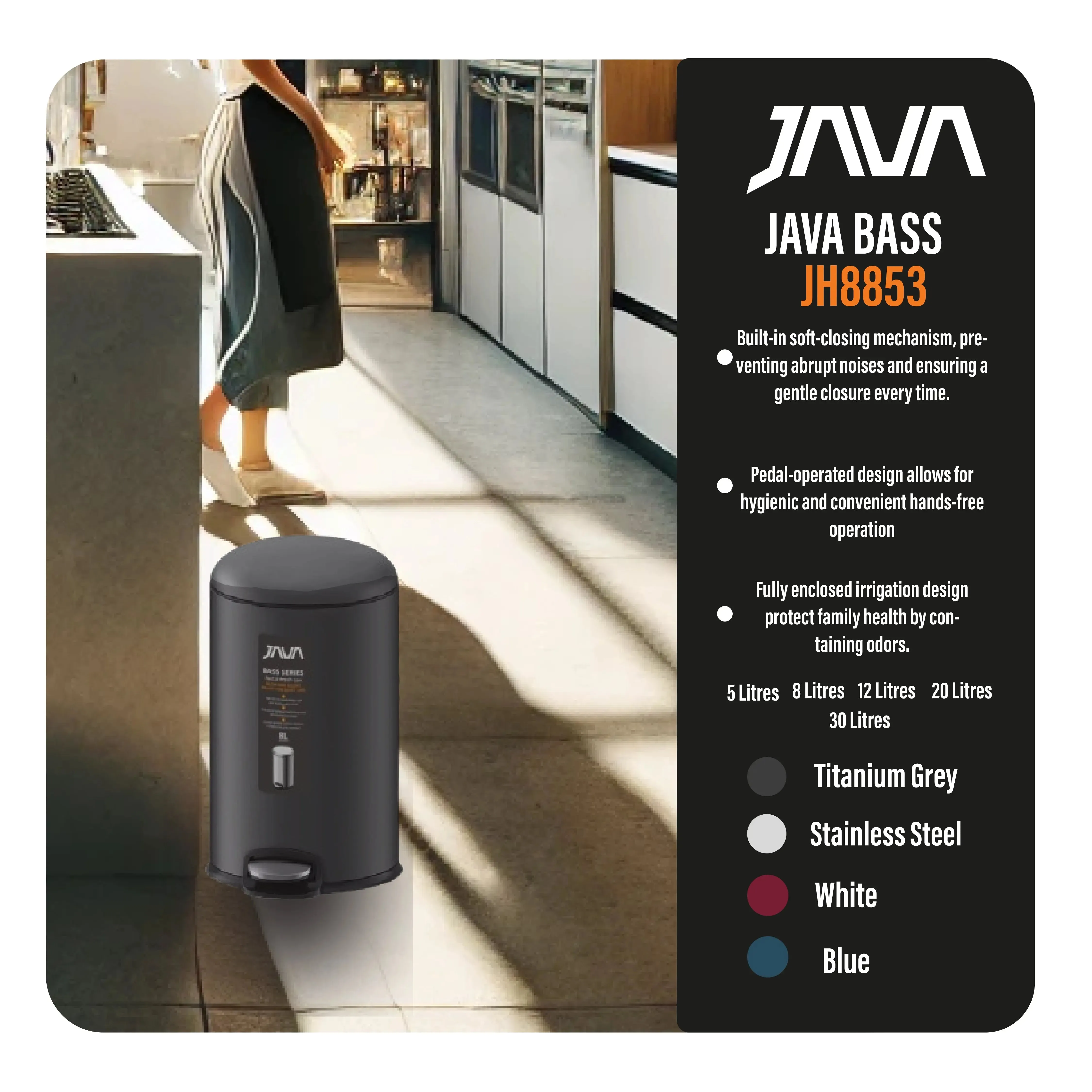 JAVA Dustbin | BASS | JH8853 | 5L, 8L, 12L, 20L, 30L | Step Bin | Soft Closing | Trash Bin | Dustbin