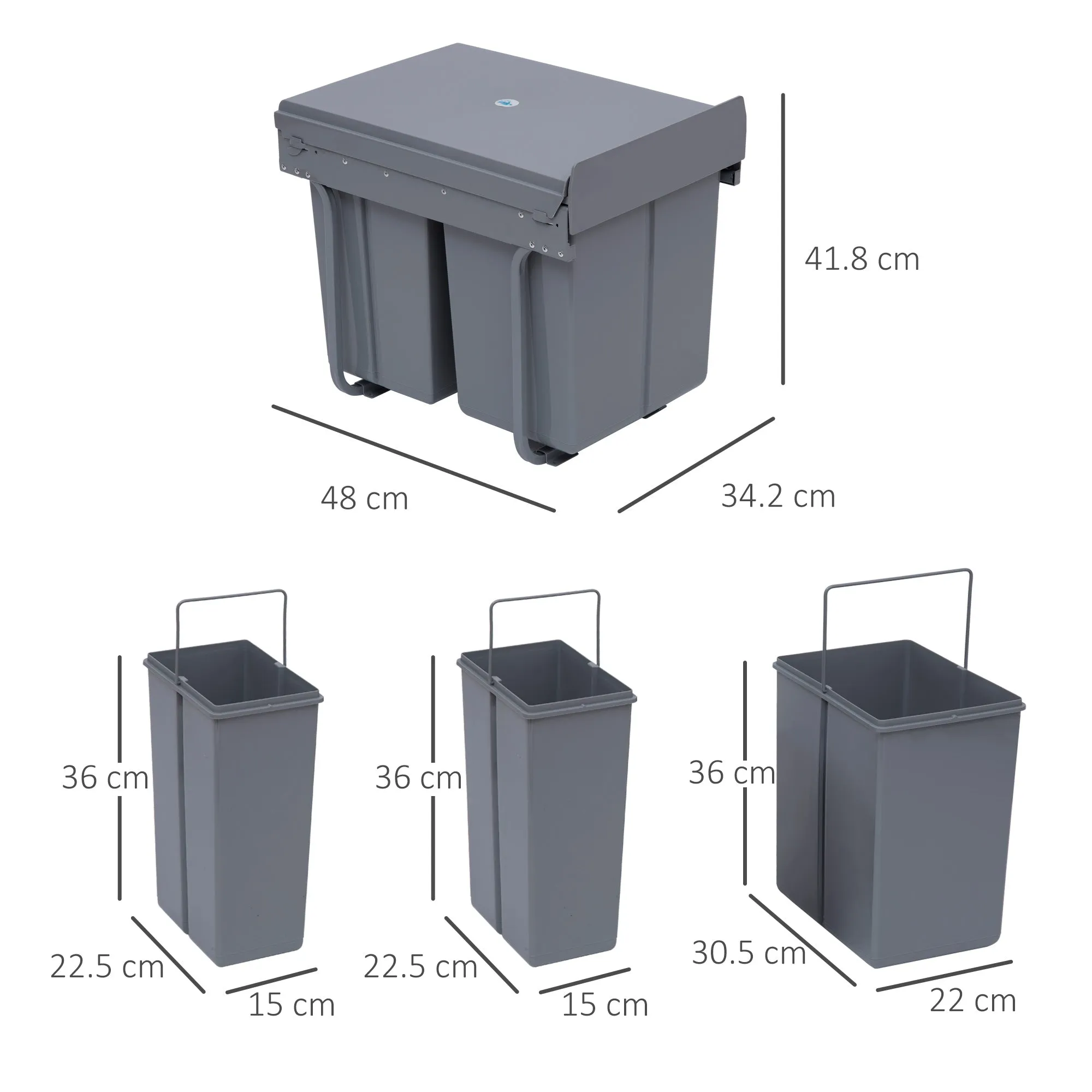 Kitchen Recycle Waste Bin Pull Out Soft Close Dustbin Recycling Cabinet Trash Can Grey (40L (1x20L 2x10L))