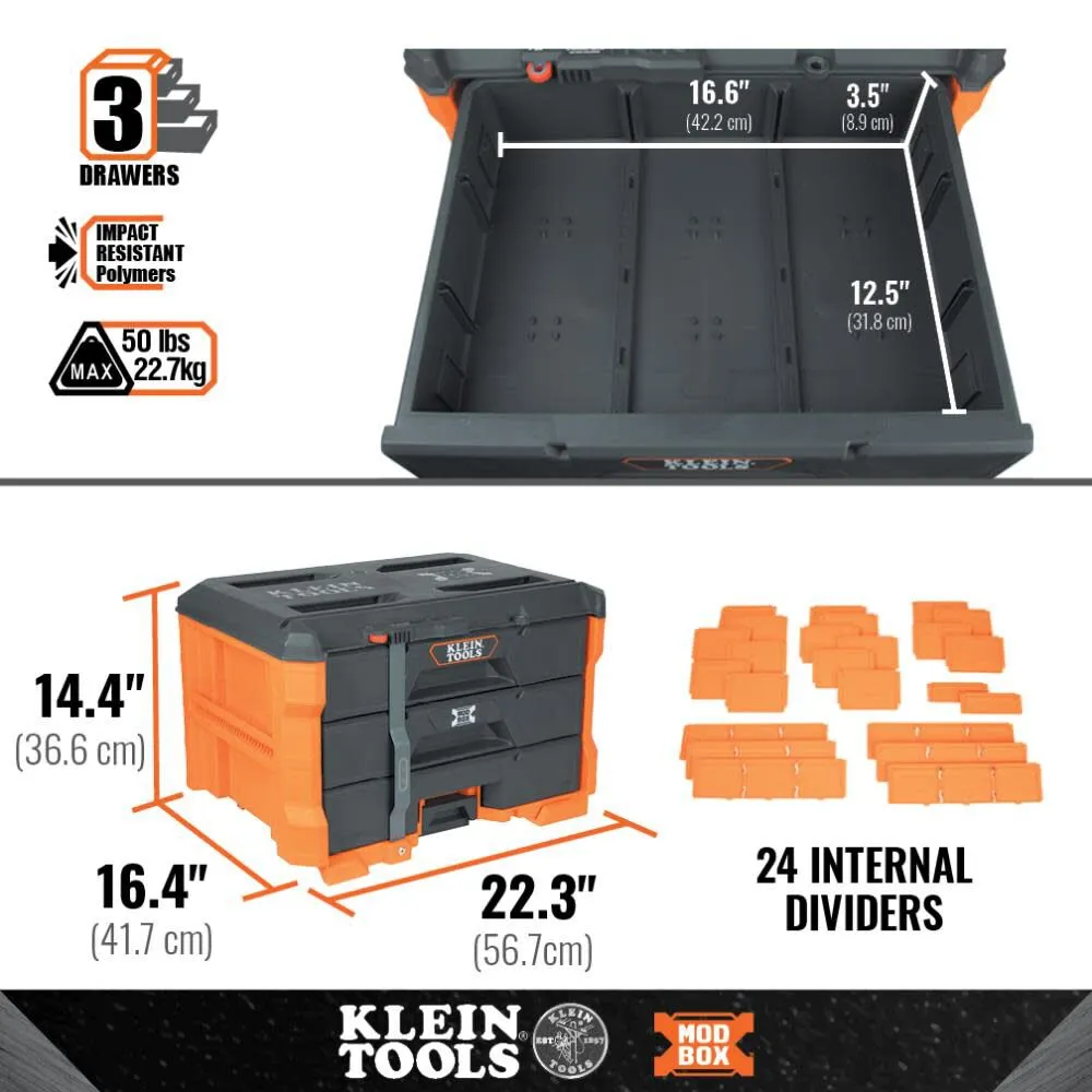 Klein Tools 54823MB MODbox 3-Drawer Toolbox, Modular Tool Storage System, Heavy-Duty Ball Bearing Slides, 24 Dividers, 50-Pound Capacity