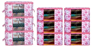 Kuber Industries Flower Printed Non Woven 6 Pieces Saree Cover and 3 Pieces Underbed Storage Bag, Cloth Organizer for Storage, Blanket Cover Combo Set (Pink) -CTKTC038615