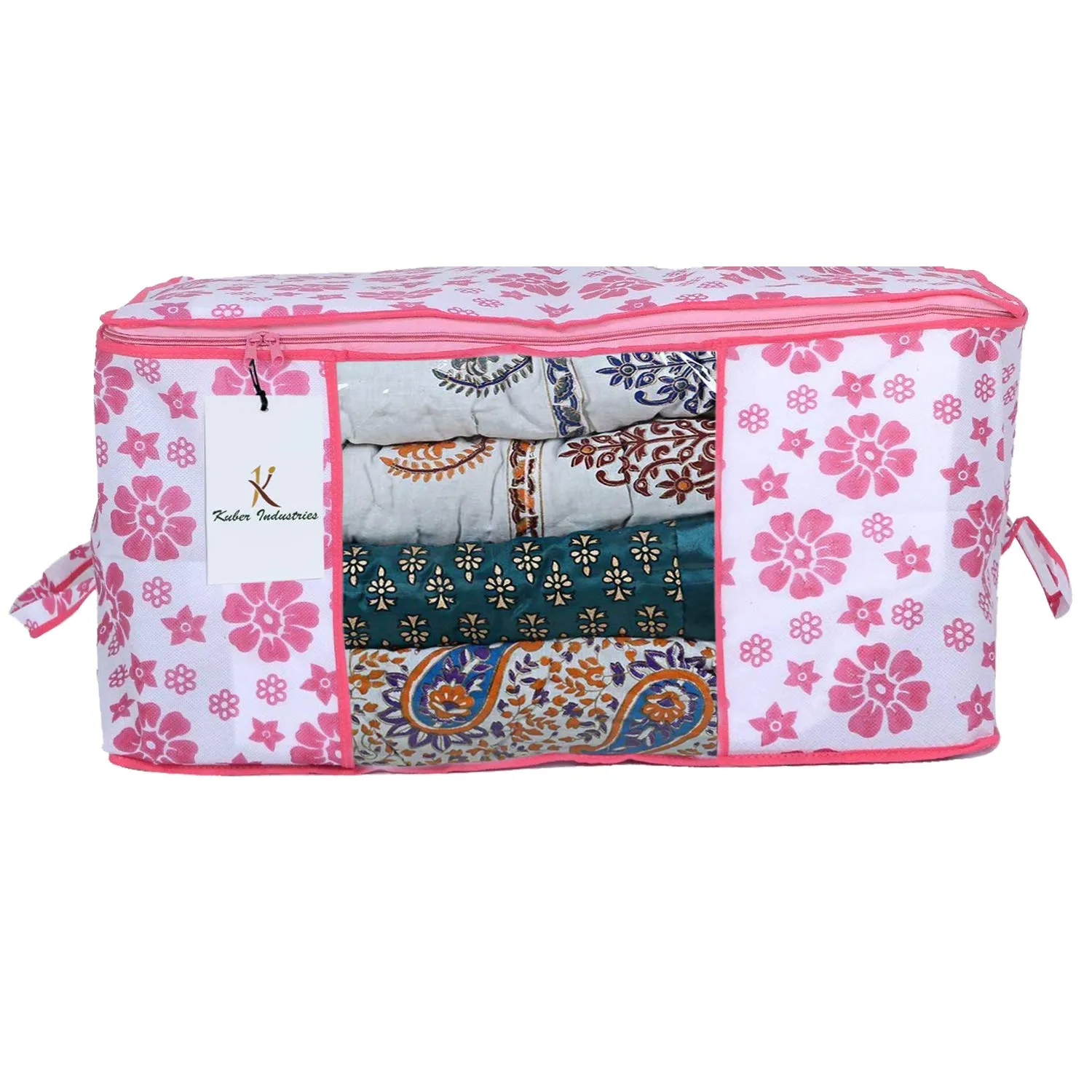 Kuber Industries Flower Printed Non Woven 6 Pieces Saree Cover and 3 Pieces Underbed Storage Bag, Cloth Organizer for Storage, Blanket Cover Combo Set (Pink) -CTKTC038615