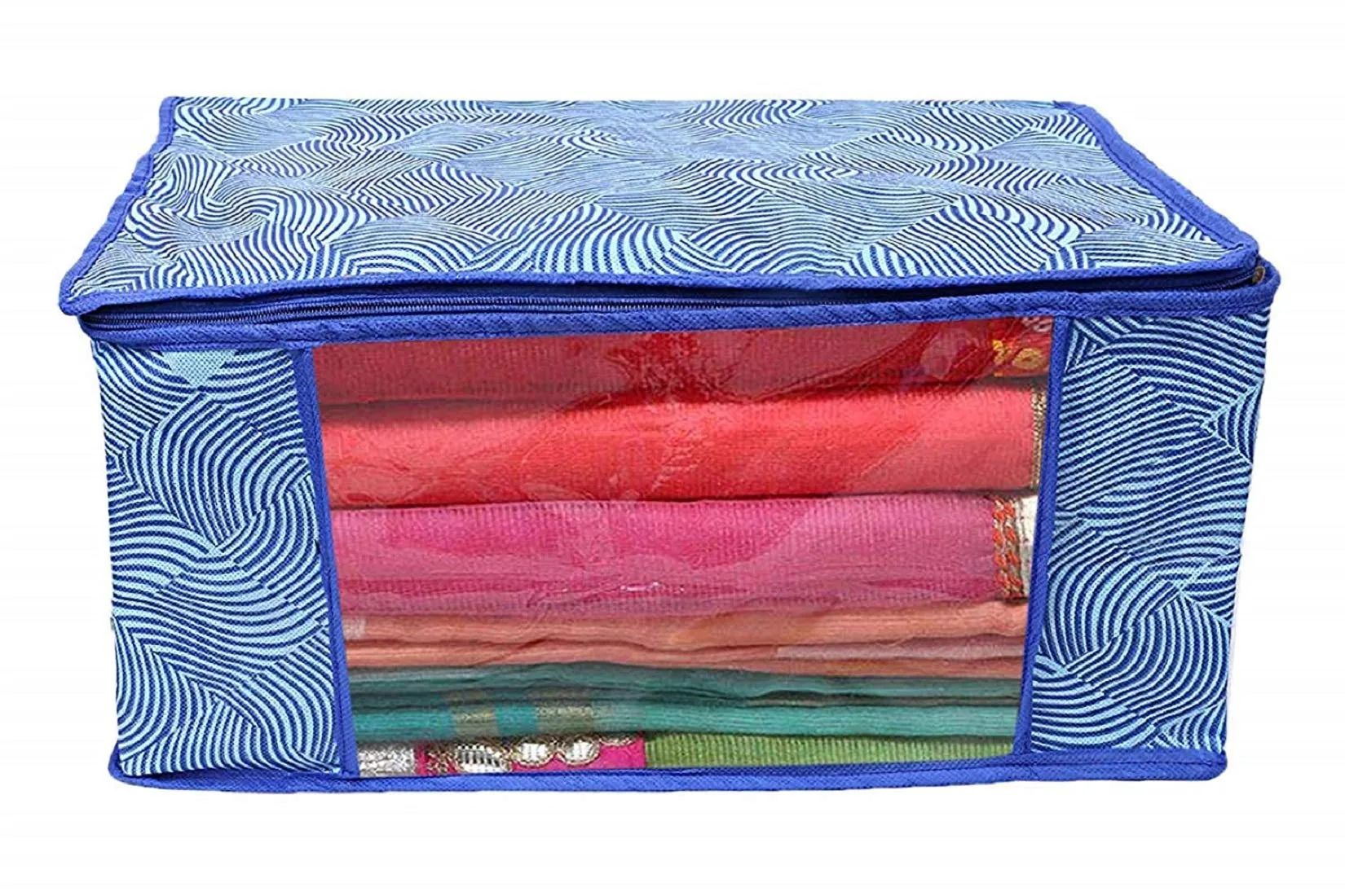 Kuber Industries Laheriya Printed Non Woven 6 Pieces Saree Cover and 3 Pieces Underbed Storage Bag, Cloth Organizer for Storage, Blanket Cover Combo Set (Blue) -CTKTC038687