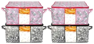 Kuber Industries Metalic Leafy,Flower Print Non Woven 4 Pieces Underbed Storage Bag,Cloth Organiser,Blanket Cover with Transparent Window (Black & Pink)-KUBMART16641