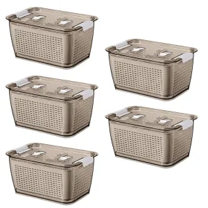 Kuber Industries Small Refrigerator Storage Crisper with Lid & Detachable Hollow Basket-Pack of 5 (Brown)