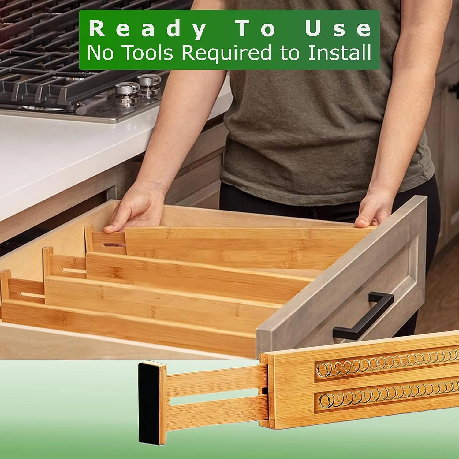 MASS DYNAMIC Bamboo Drawer Dividers - 4pcs Set. Adjustable & Spring Loaded for Kitchen, Bathroom, Baby, and Tools Drawers. Get Clutter-Free Today Dimension (31 x 6.5 x 1.5) cmDrawers.