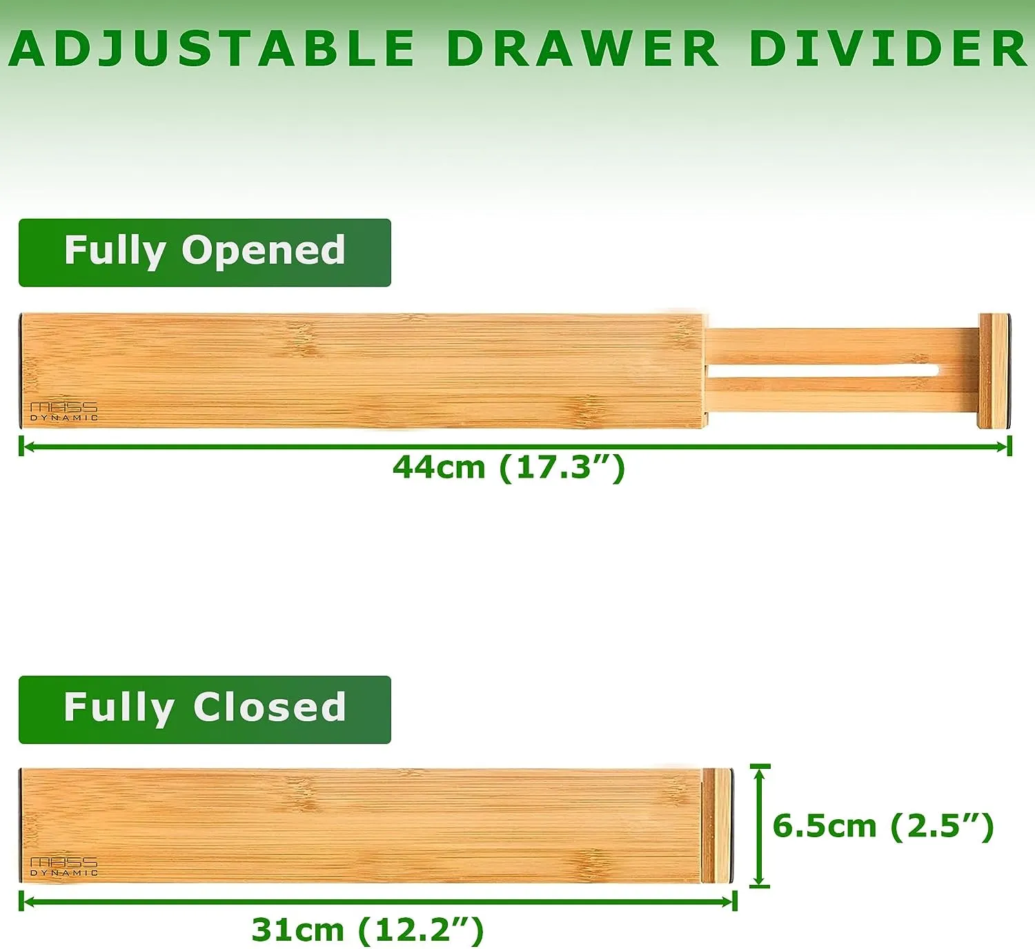 MASS DYNAMIC Bamboo Drawer Dividers - 4pcs Set. Adjustable & Spring Loaded for Kitchen, Bathroom, Baby, and Tools Drawers. Get Clutter-Free Today Dimension (31 x 6.5 x 1.5) cmDrawers.