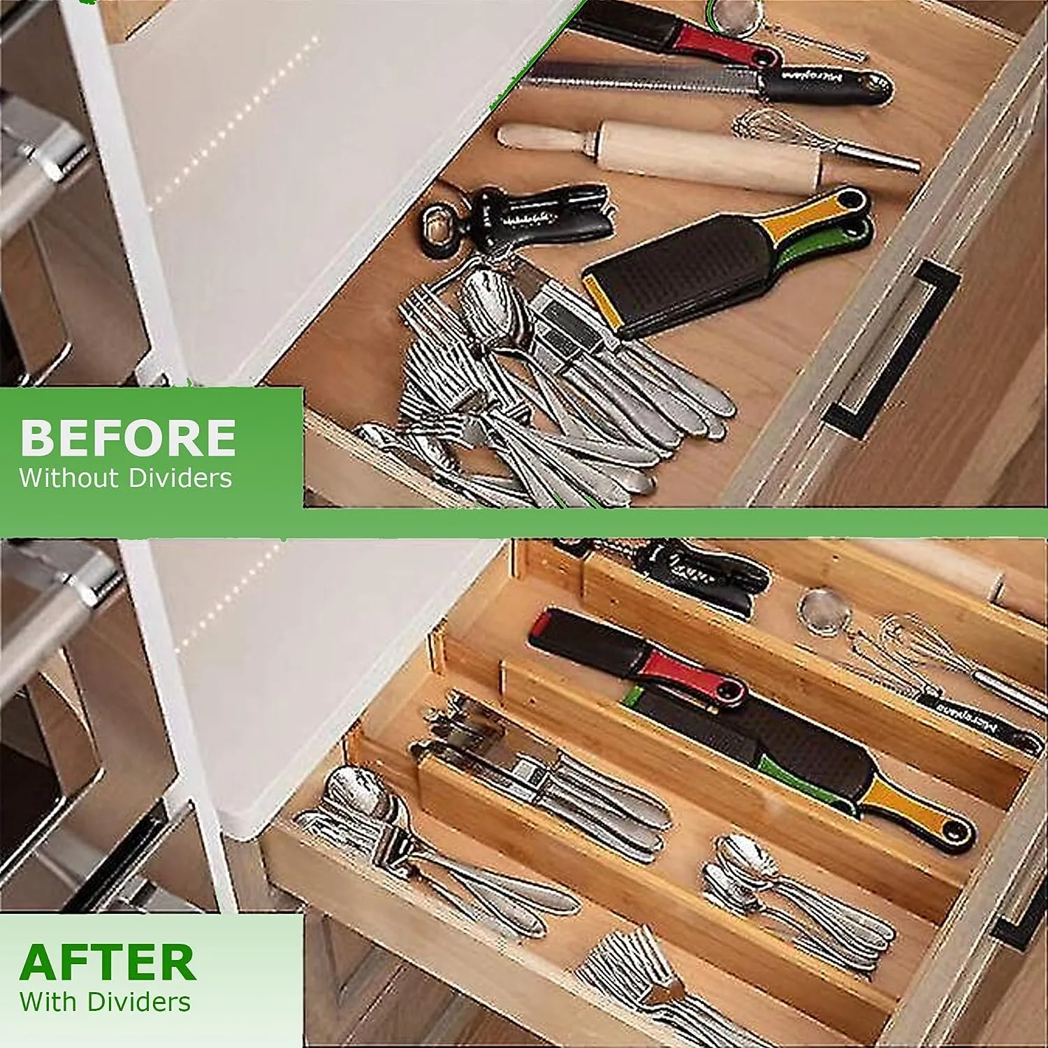 MASS DYNAMIC Bamboo Drawer Dividers - 4pcs Set. Adjustable & Spring Loaded for Kitchen, Bathroom, Baby, and Tools Drawers. Get Clutter-Free Today Dimension (31 x 6.5 x 1.5) cmDrawers.