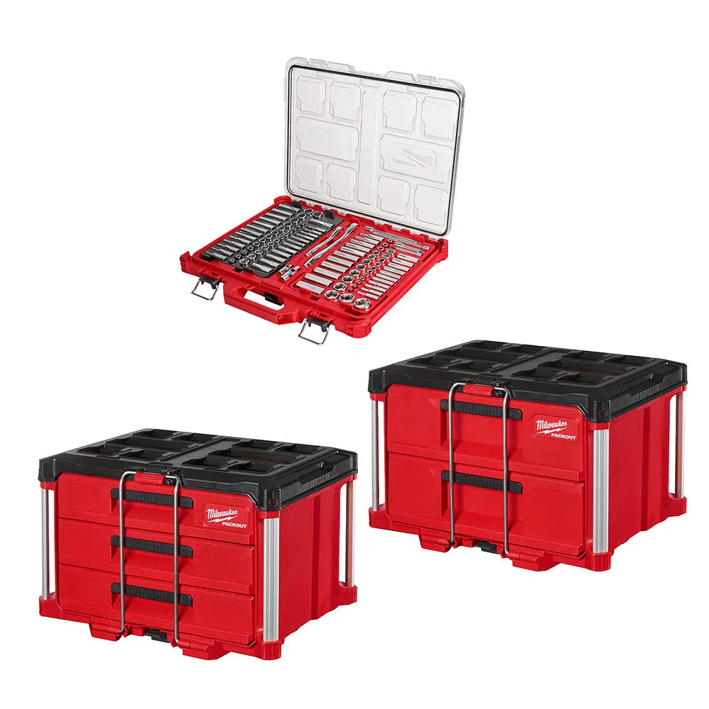 Milwaukee 48-22-8443SC PACKOUT 3 / 2 Drawer Combo Tool Box w/ 106PC Socket Set