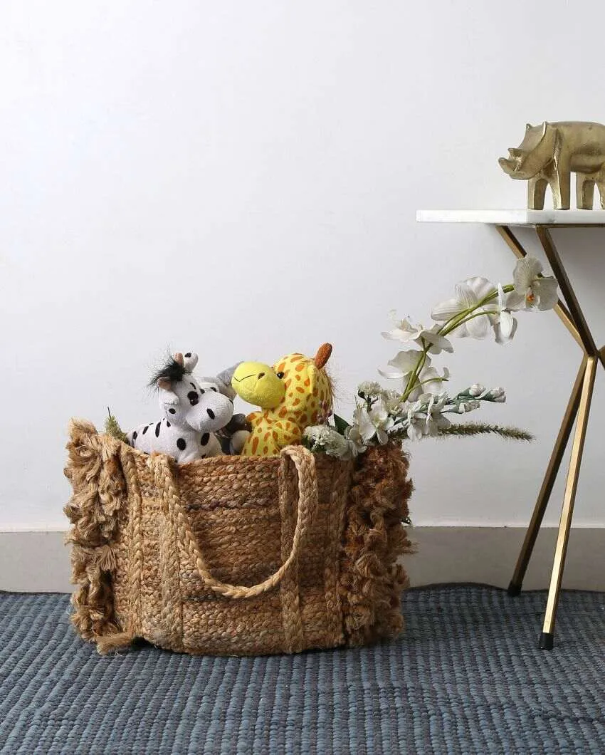 Multi-Utility Jute Basket With Fringes In Natural Finish