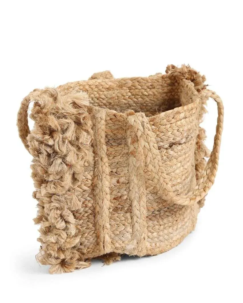 Multi-Utility Jute Basket With Fringes In Natural Finish