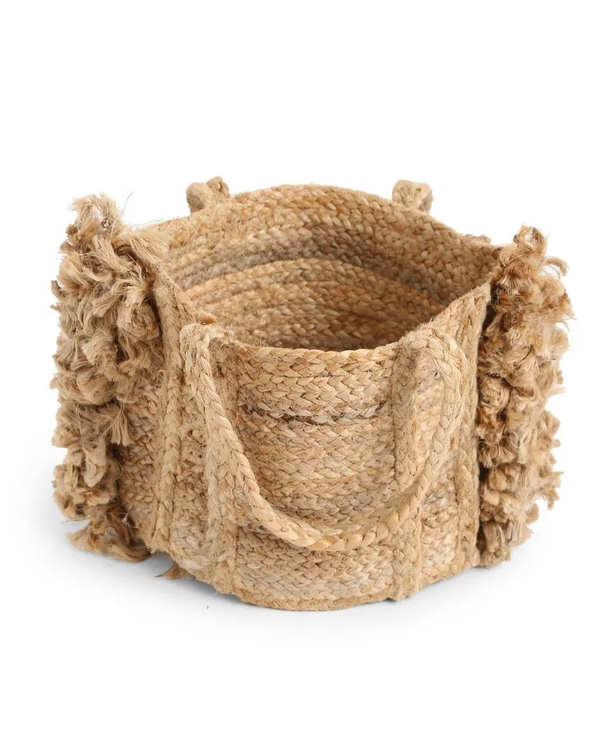 Multi-Utility Jute Basket With Fringes In Natural Finish