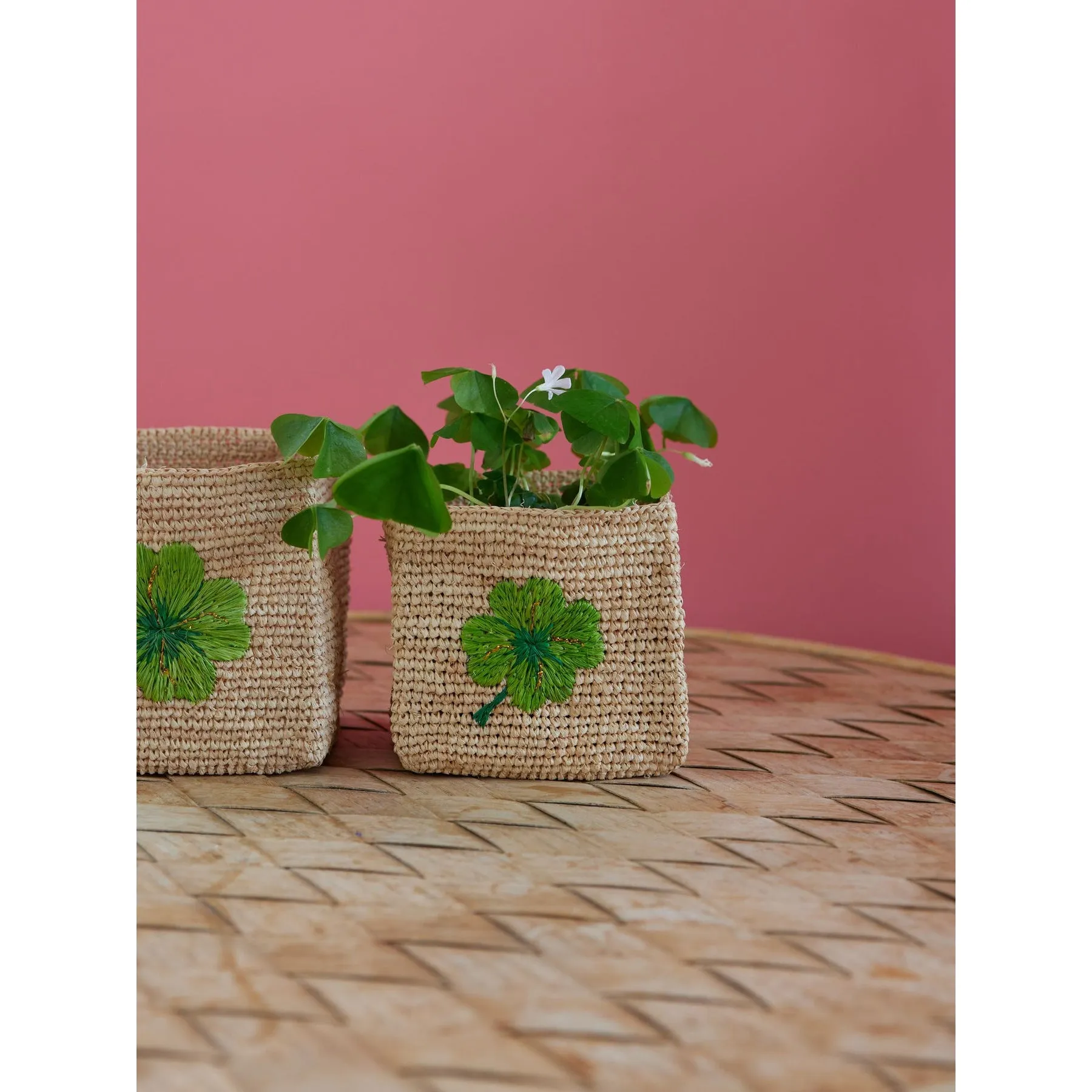 Rice DK Small Square Raffia Storage Basket - Natural - Clover Embroidery