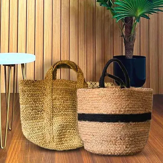 Rustic Elegance Jute Cotton Storage Basket | Set of 2