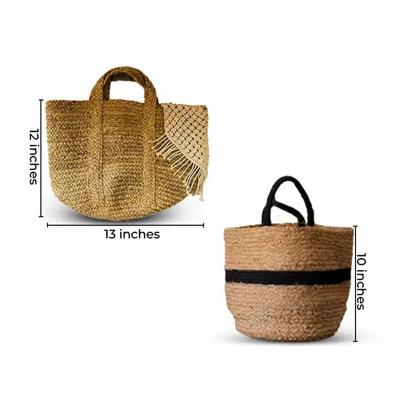 Rustic Elegance Jute Cotton Storage Basket | Set of 2