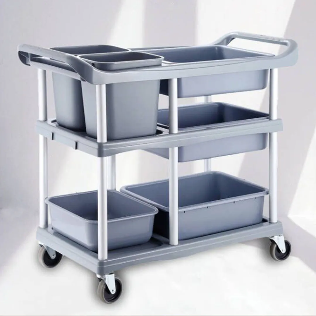 SOGA 3-Tier Commercial Soiled Food Trolley Dirty Plate Cart Five Buckets Kitchen Food Utility