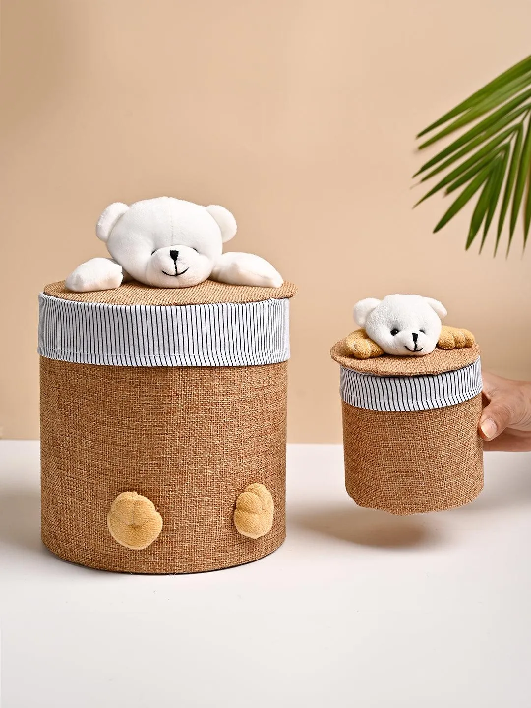 VON CASA Multi Purpose 2Pcs Round Fabric Basket - Teddy Face Design