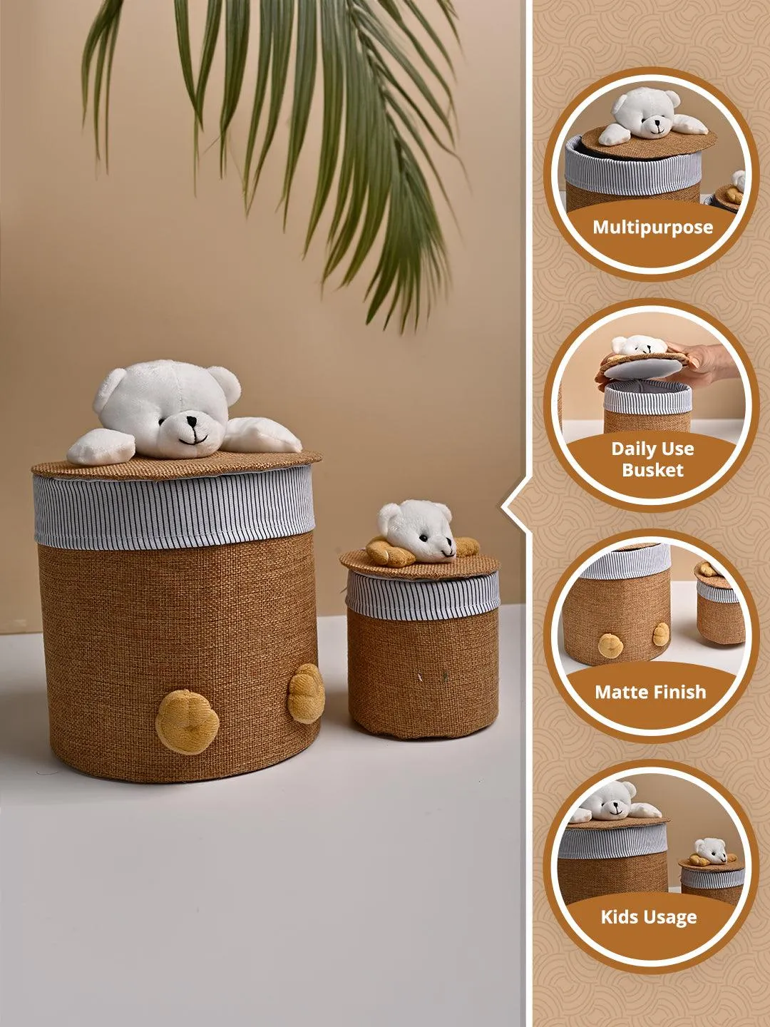 VON CASA Multi Purpose 2Pcs Round Fabric Basket - Teddy Face Design