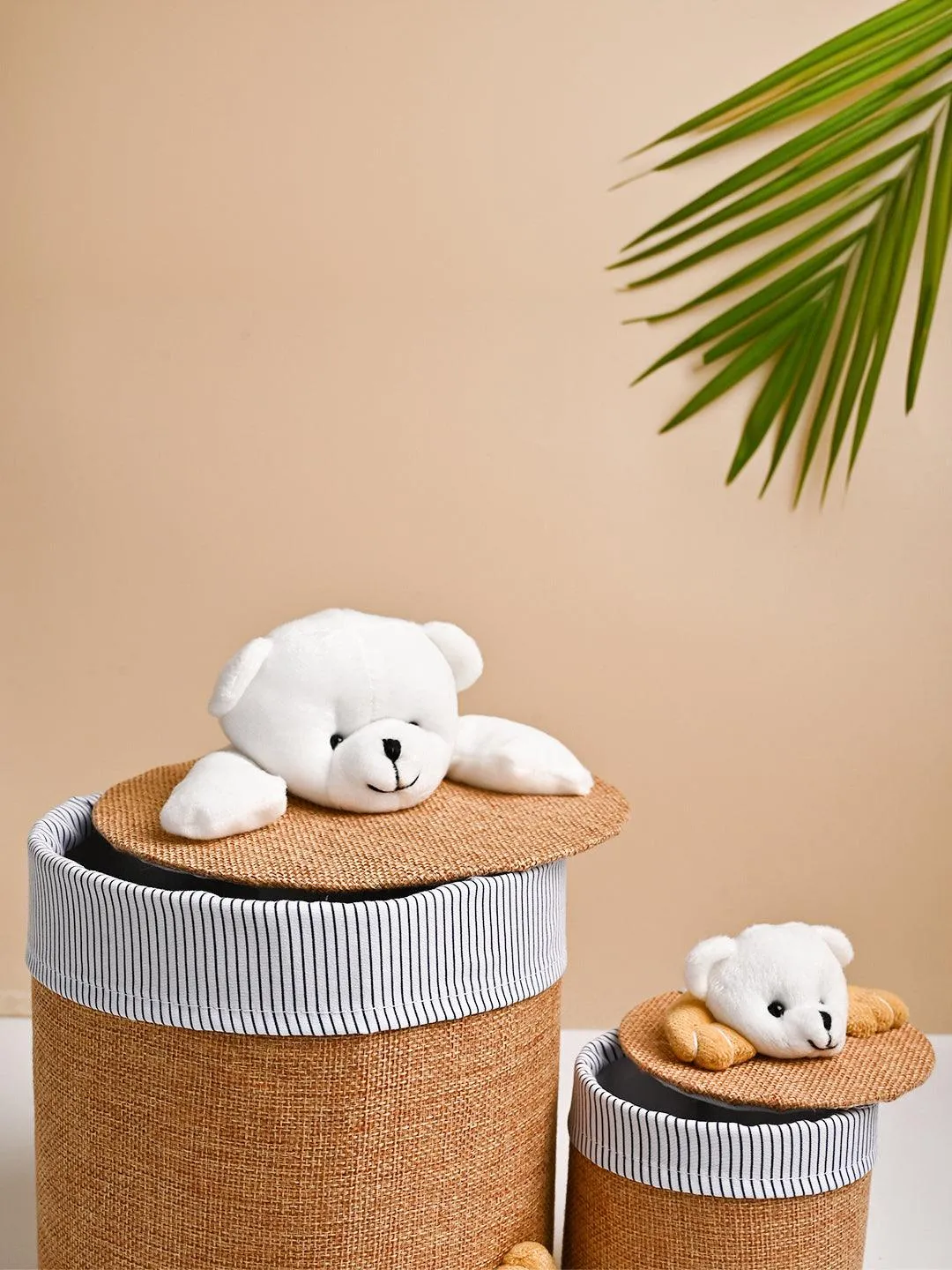 VON CASA Multi Purpose 2Pcs Round Fabric Basket - Teddy Face Design