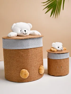 VON CASA Multi Purpose 2Pcs Round Fabric Basket - Teddy Face Design