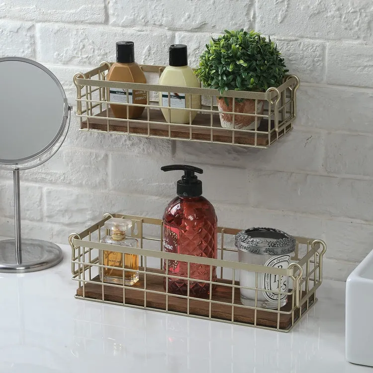 Wall Mounted or Tabletop Modern Brass Metal Wire and Burnt Wood Small Decorative Storage Baskets with Handles, Set of 2